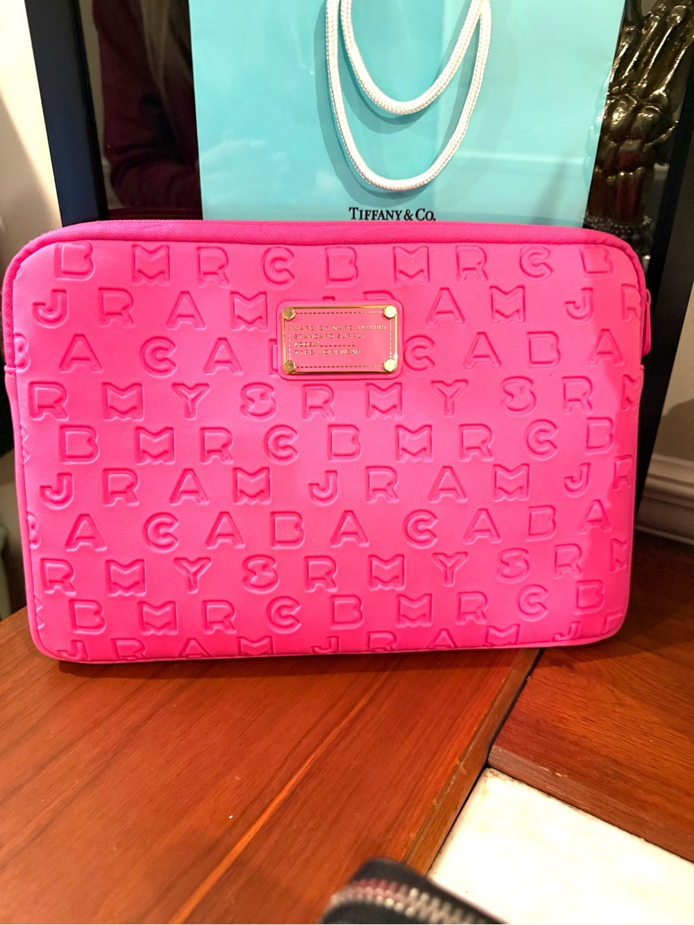 Marc by Marc Jacobs Bright Pink Embossed Laptop Sleeve with Gold Plaque